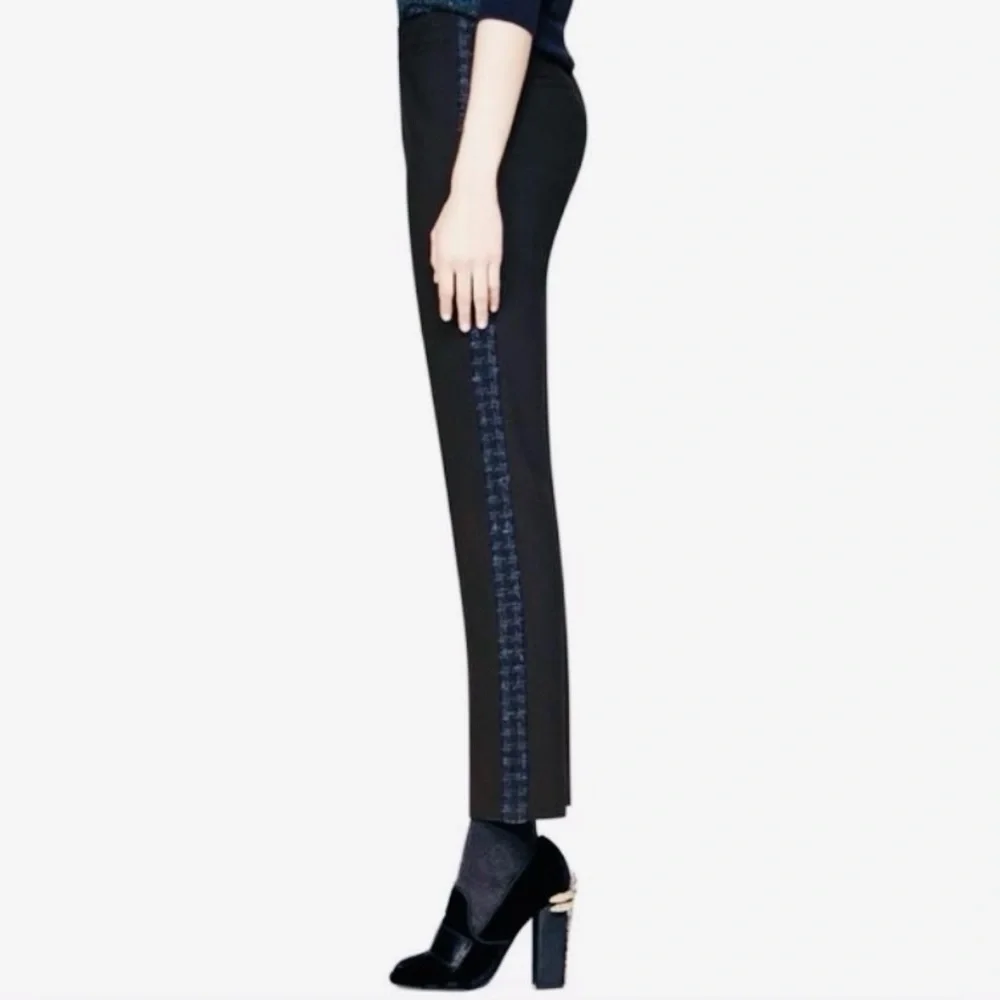 TORY BURCH Tobie Black Trousers Straight Leg Pants Blue Wool Tweed Side Stripe - Picture 2 of 16